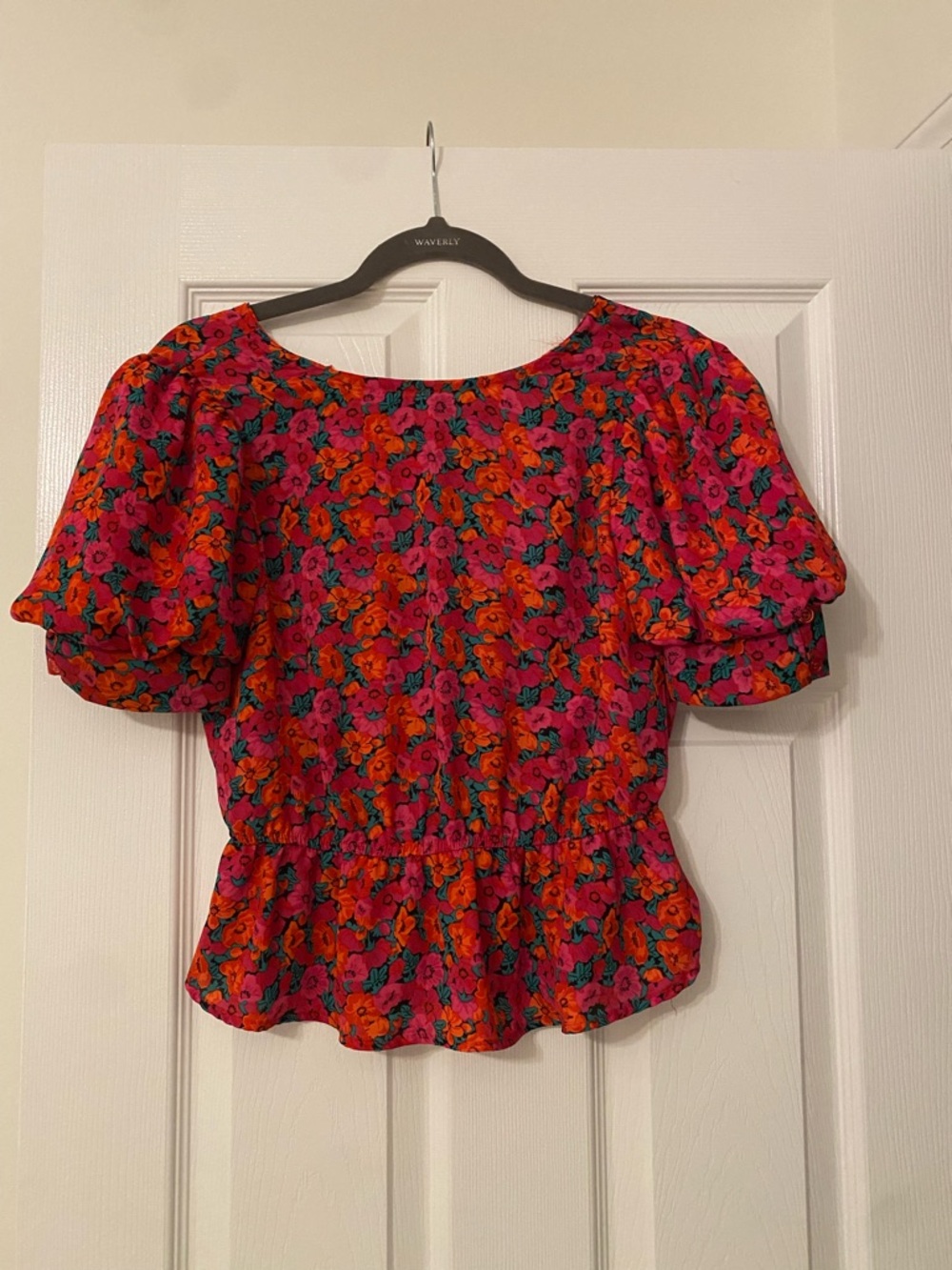 Waverly Pink & Orange Floral Puff-Sleeve Peplum Blouse